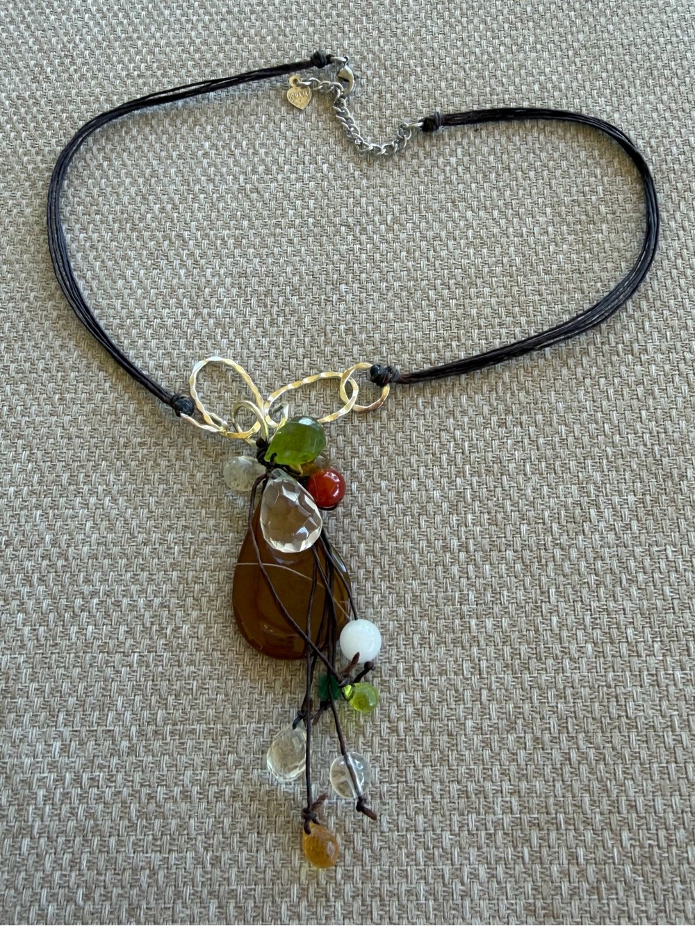 Nakamol Brown Teardrop Pendant Necklace with Green and Red Bead Accents